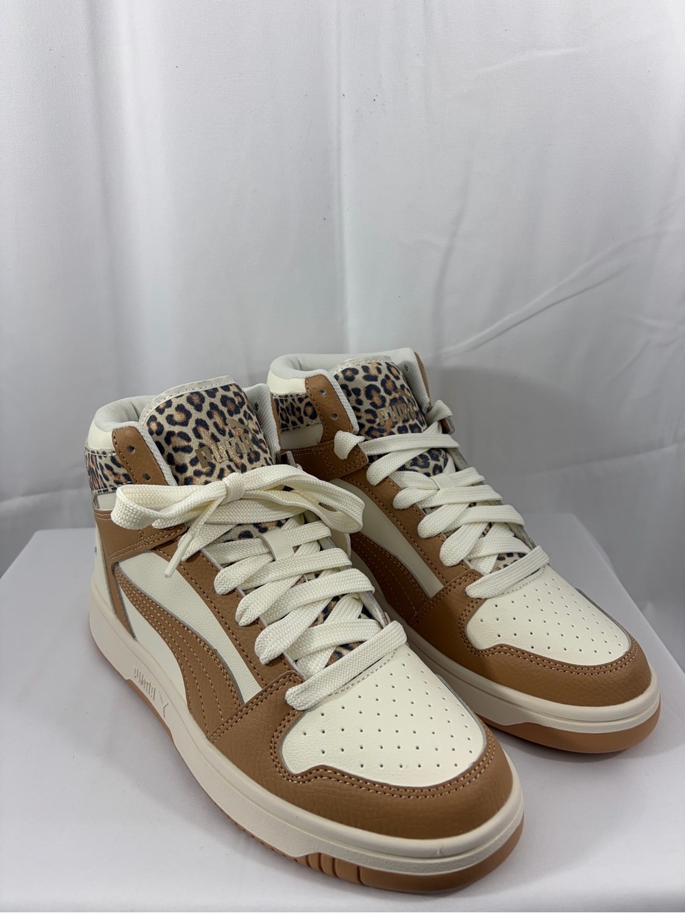 NWT PUMA Women’s 8 High-Top Sneakers in Cream and Brown with Leopard Accent